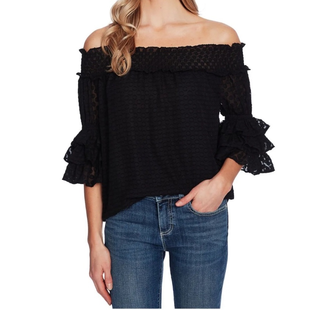 off the shoulder lined stretch mocked ruffled sleeve black blouse CeCe Small